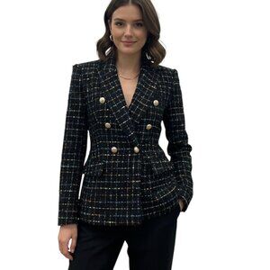 ZARA Black Textured Tweed Plaid Blazer Jacket Gold Button Double Breasted Size M